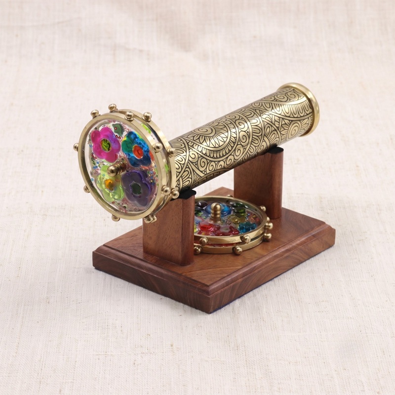 Handcrafted Brass Kaleidoscope with Interchangeable Wheels, Engraved Mandala Design, Wooden Stand
