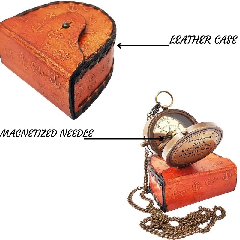 Grow Old with Me Engraved Brass Compass ON Chain with Leather CASE, Directional Magnetic Compass