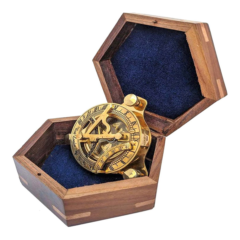 Brass Nautical Pocket Sundial Compass, 8cm Dia Front Opening Compass with Handmade Wooden Box