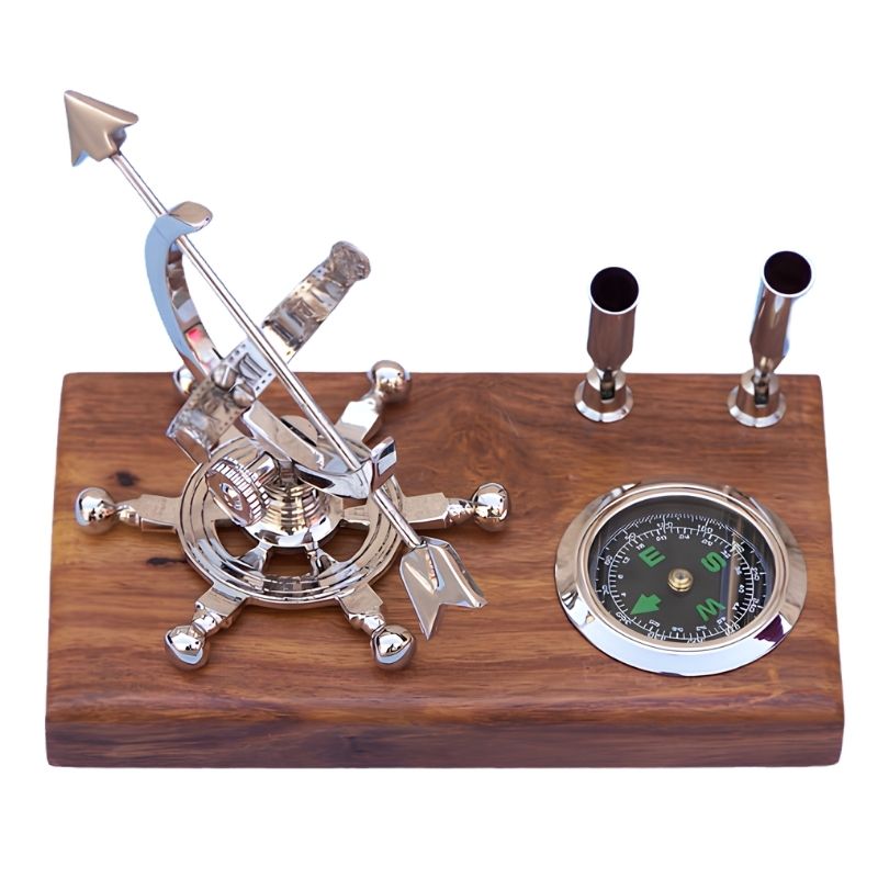 Handmade Brass Armillary Sundial & Compass Desk Organizer with Dual Pen Holders on Wooden Base – Nautical Maritime Office Decor