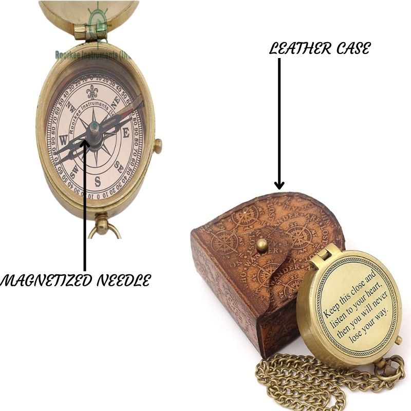 Antique Nautical Vintage Directional Magnetic Compass with Famous Scripture Quote Engraved Baptism Gifts with Leather Case or Wooden Case for Loved Ones, Son, Father, Love, Partner, Spouse, Fiancé.