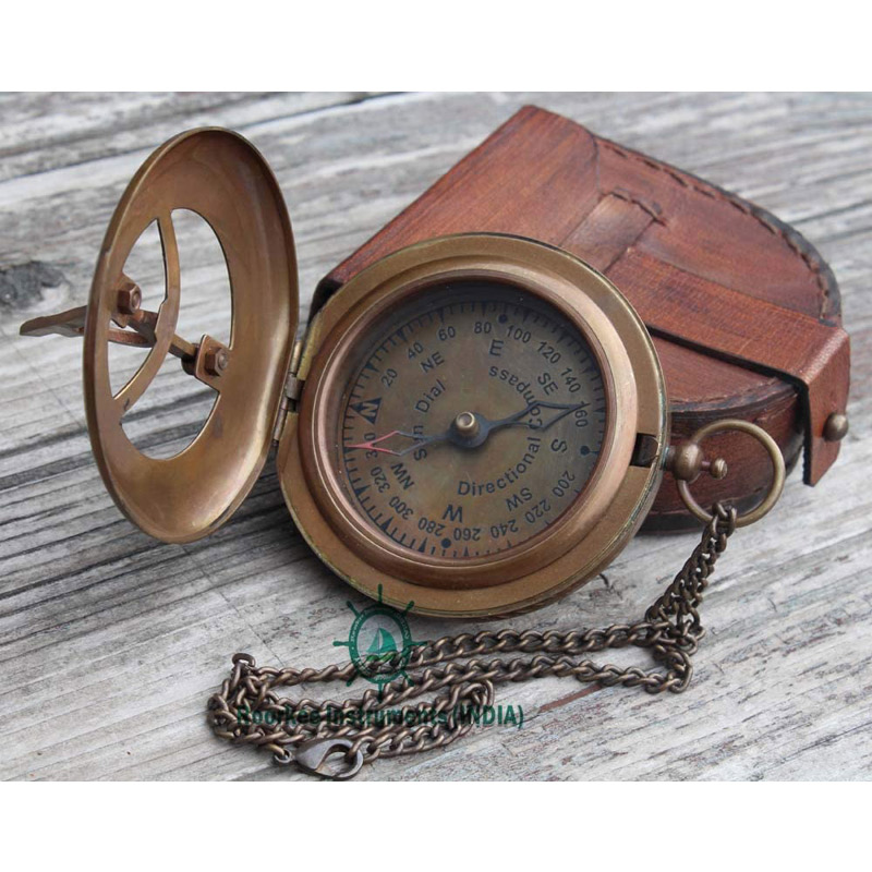 Antique Nautical Vintage Directional Magnetic Sundial Clock Pocket Marine Compass Essential Baptism Gifts with Red Leather Case + Chain for Loved Ones, Partner, Spouse, Fiancé 3 inches