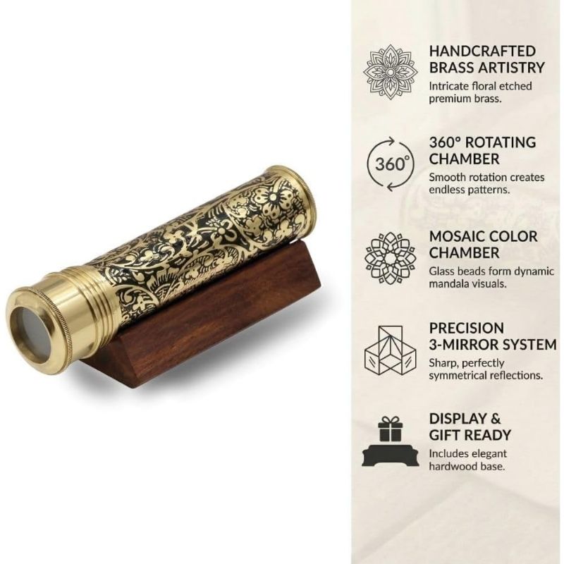 Handmade Kaleidoscope | Etched Brass with Three-Mirror System | Lampworking Glass Beads | Antique Brass Finish Wooden Display Stand | Vintage Nautical Decor for Adults & Collectors