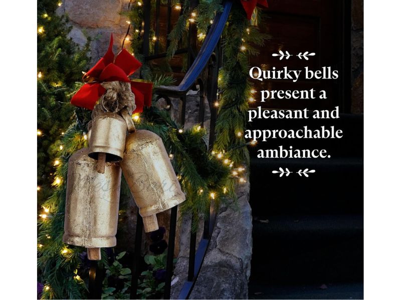 Set of 3 Gold Brass Cow Bells with Jute Hanging Rope – Rustic Wind Chime for Home, Garden, Meditation Room, Yoga Studio & Buddhist Altar – Decorative Hanging Bells (5.5\