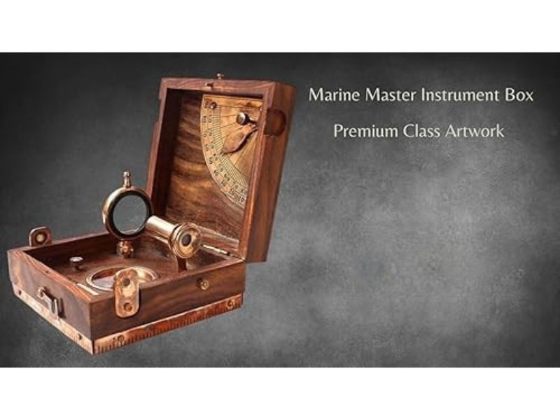 Antique Marine Master Instrument Box – Brass Telescope, Compass, Spirit Level, Alidade & Scale in Wooden Case – Nautical Navigation Chart Collectible | Vintage Maritime Gift for Collectors & Decor