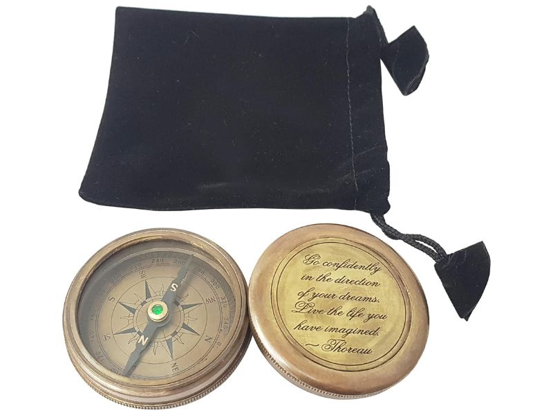 Go Confidently in the Direction of Your Dreams” Engraved Brass Compass with Leather Case – Inspirational Thoreau Quote Compass for Graduation, Retirement & Travel Gifts
