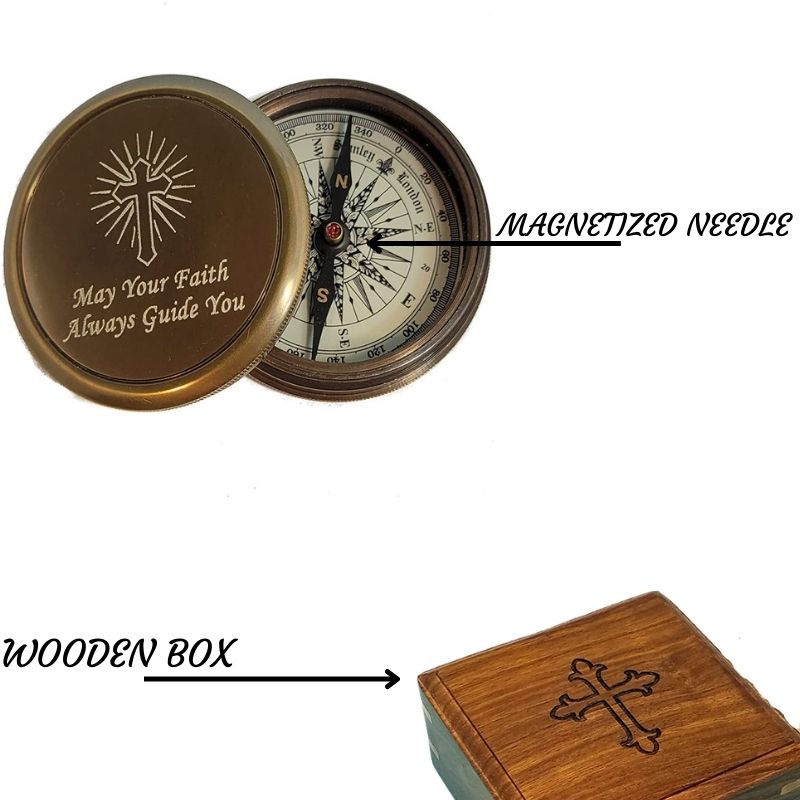 Personalized Religious Antique Brass Desk Compass in Wood Box with Laser Engraved Cross for Baptism, Confirmation, Missionary, Birthday Gifts