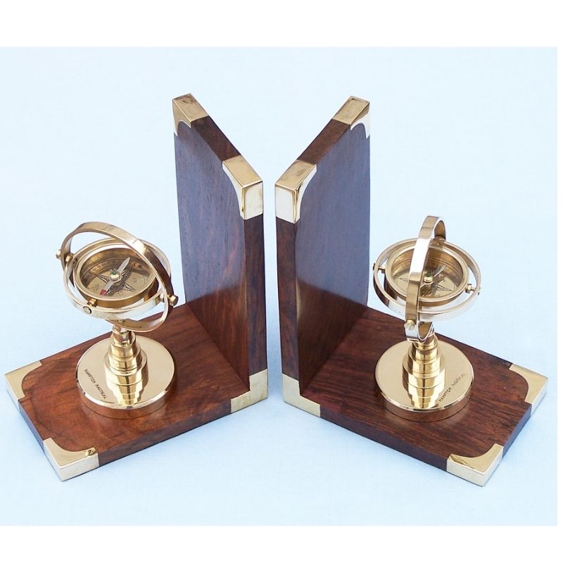 Handmade Wooden Brass Gimbal Compass Bookends Set | Nautical Maritime Office Desk Library Decor