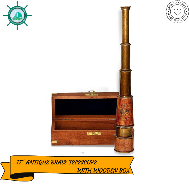 17 Inches Antique Look Brass Telescope in Wooden Presentation Box Sailors Gift