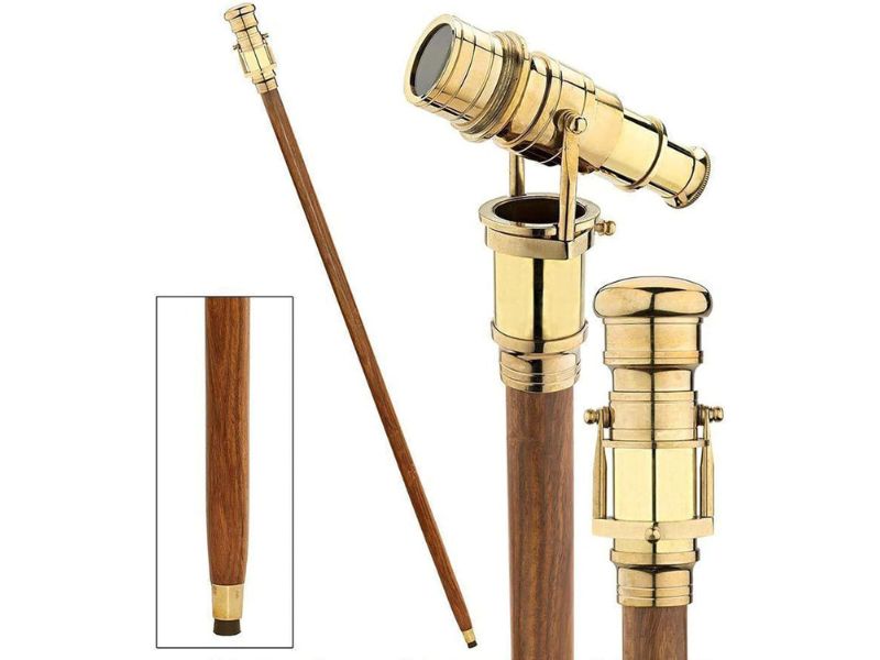 Brass Walking Stick Vintage Handle Victorian Telescope Head Foldable Steampunk Accessories Wooden Walking Stick Cane for Men and Women