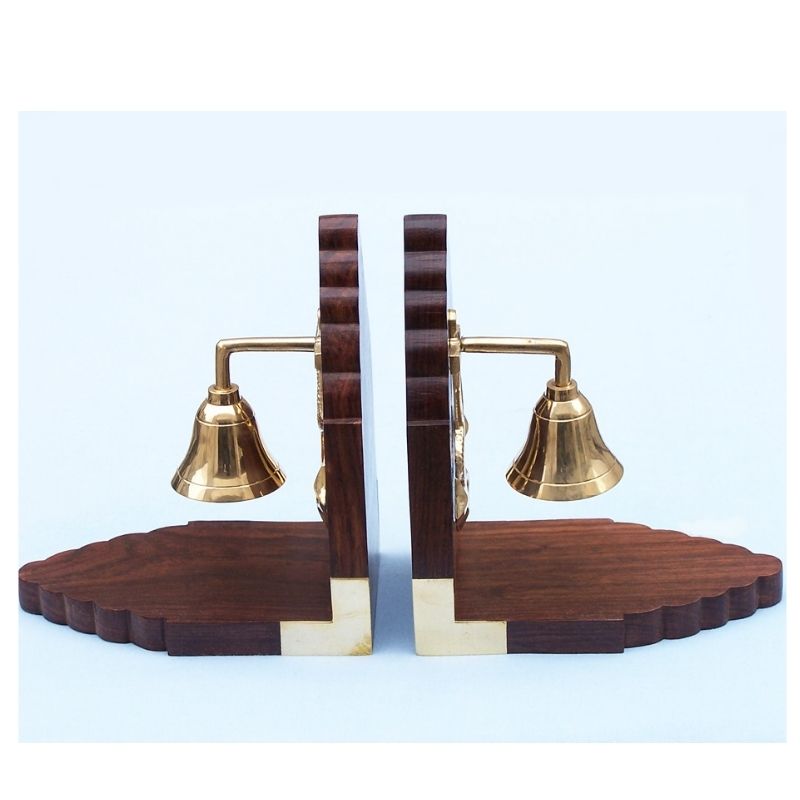 Handmade Wooden Brass Ship Bell Bookends Set | Nautical Maritime Office Desk Library Decor