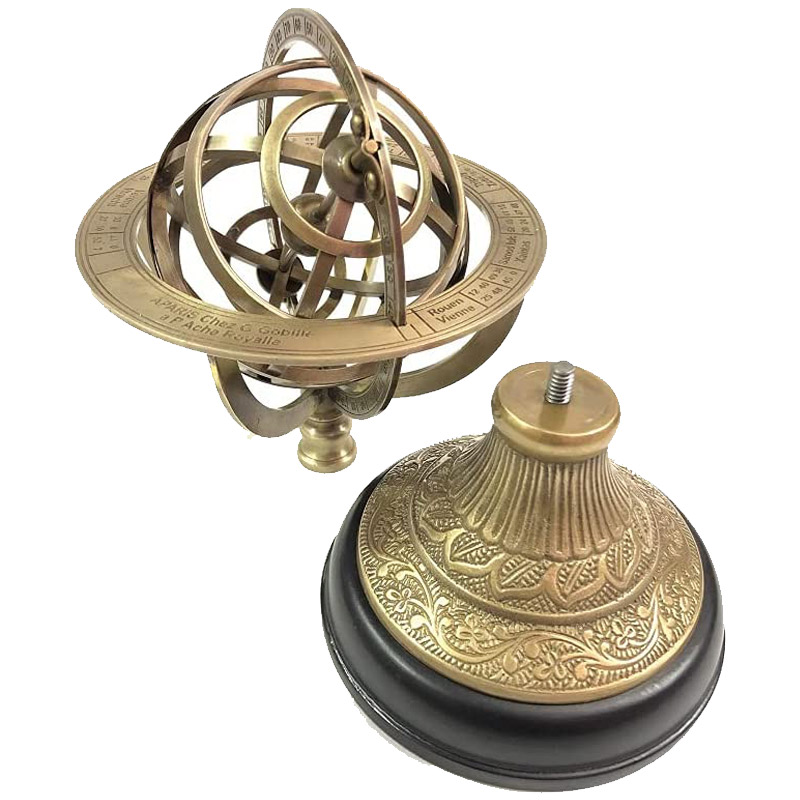 Nautical Brass Engraved Armillary Sphere Globe on Black Wooden Base Home and Office Decor