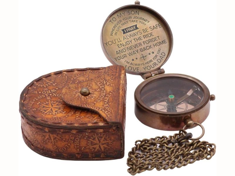 To My Son Compass from Dad – Solid Brass Engraved Compass with Leather Case – Inspirational Gift for Son – Graduation, Birthday, Christmas, Adventure, Keepsake Compass for Men, Boys, Travelers