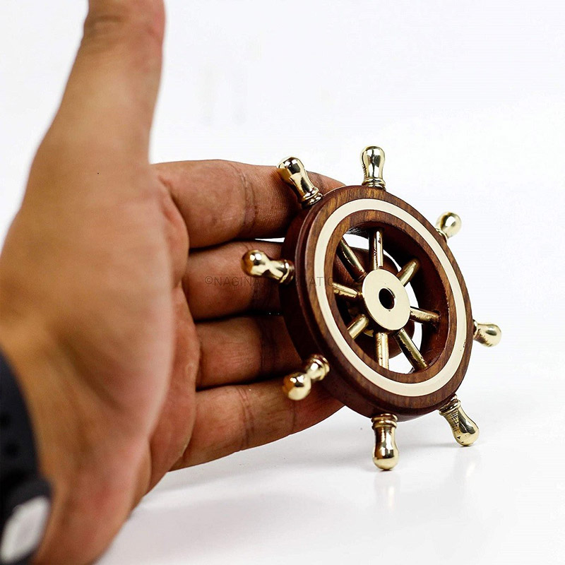 Hand Crafted Premium Nautical Wooden Ship Wheel Exclusive Pirate and Wall Decor Ocean and Beach Maritime Nursery Decorative Hanging (3 Inches, Brass Ring Handle) 