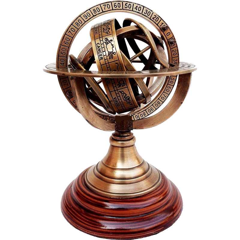 Brass Armillary Sphere Astrolabe On Wooden Base Maritime Nautical and Collectible