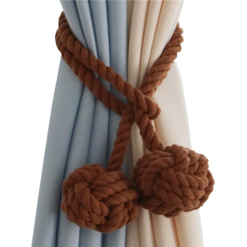  2pcs Braided Drapery Tiebacks Curtain Holdbacks Hand Knitting with Double Ball Cotton Rope Tassel - Brown