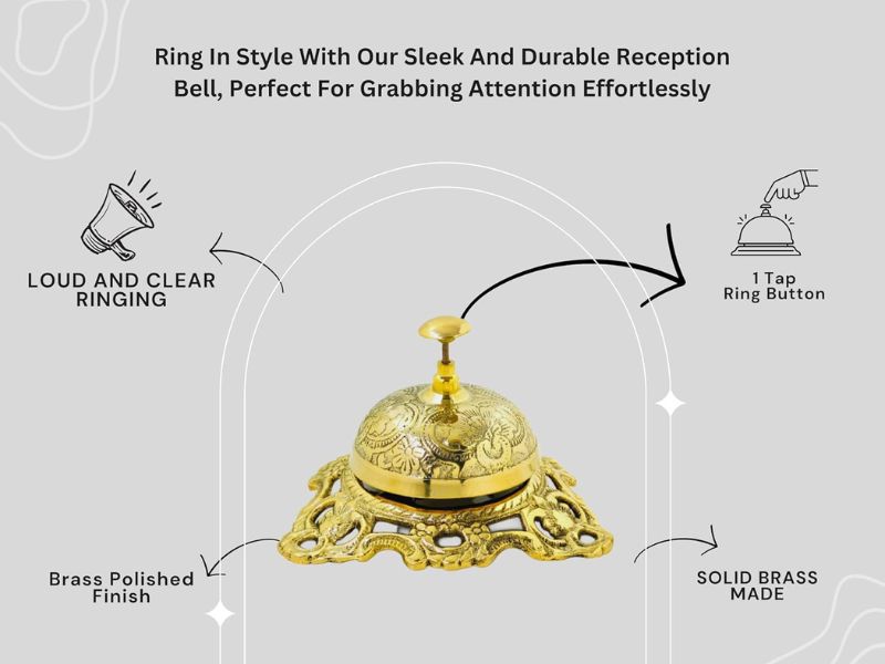 Solid Brass Classic Office Desk Bell with Traditional Artwork | Vintage Handcrafted Call Bell for Hotel, Reception, Office & Home Décor | Loud Clear Ring |