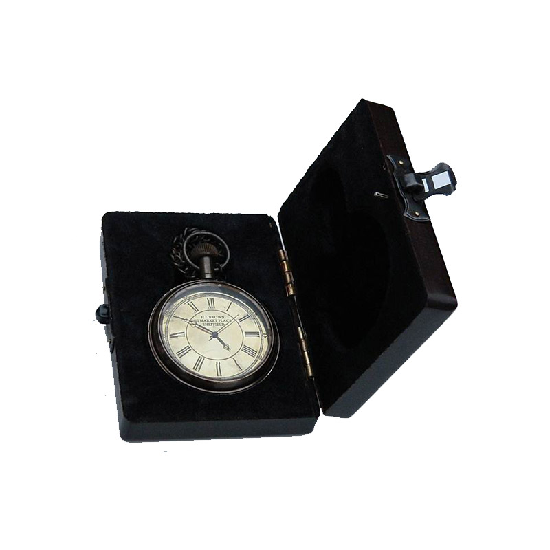 Antique Nautical Vintage Directional Brass Pocket Watch with Wooden Box