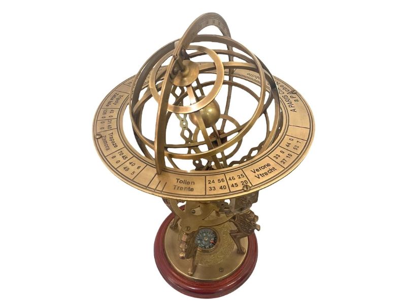 Antique Brass Armillary Sphere Globe with Compass Base | Astronomical Instrument Model | Vintage Celestial Globe for Office Desk, Home Décor, Study Table | Handmade Nautical Gift