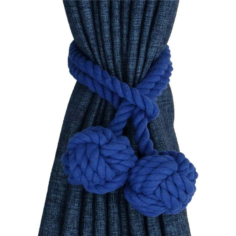  02pcs (1 Pair) Braided Drapery Tiebacks Curtain Holdbacks Hand Knitting with Double Ball Cotton Rope Tassel - Blue