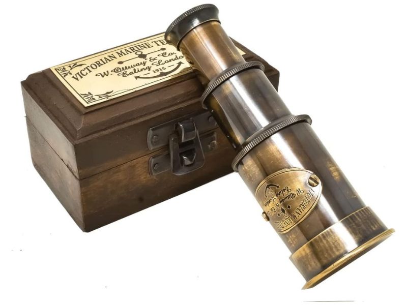 Handcrafted Vintage Brass Spyglass Telescope with Wooden Box – Victorian Marine Style Collapsible Pirate Scope | Nautical Decor, Collectible Gift for Men, Explorer & Maritime Enthusiasts