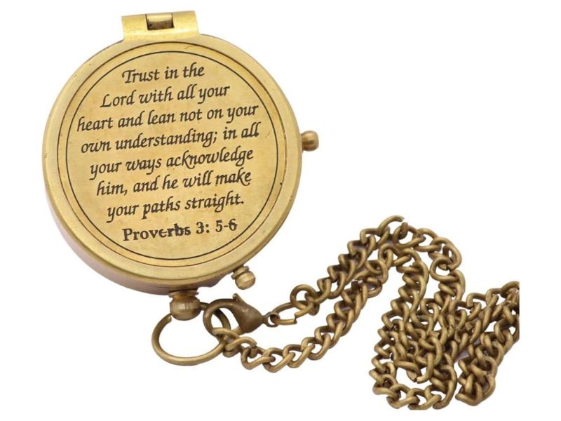 Trust in The Lord, Proverbs 3:5-6 | Solid Brass Engraved Compass with Leather Case | Christian Gifts for Men, Boys & Girls | Baptism, First Communion, Confirmation, Inspirational Faith Gift