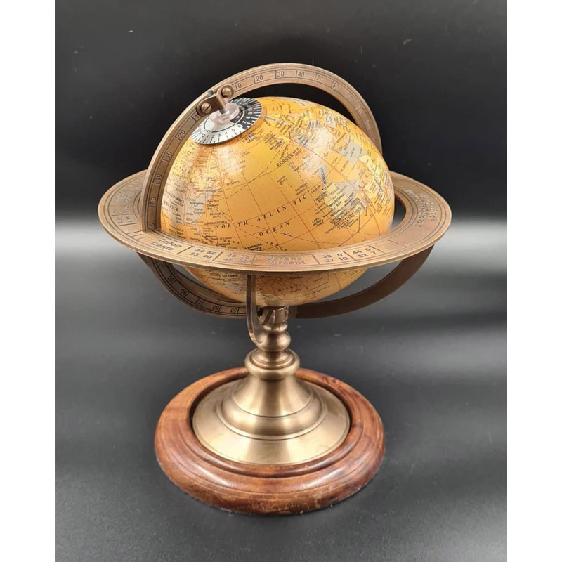 Vintage Brass Armillary With Wooden Base Antique World Sphere Globe 11 Inches Gift, Nautical Brass Home Decor, Tabletop Accessory, Office Decor Item, Perfect Gift Item