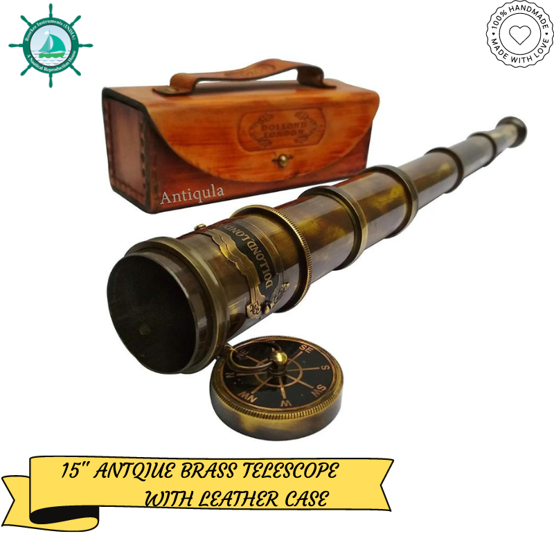 15 inch Brass Maritime 15x Vintage Pirate Spyglass 1920 Dollond London Telescope Functional Brass Pirate Telescope with Leather Case Wonderful Gift for Nautical Decor Lovers 