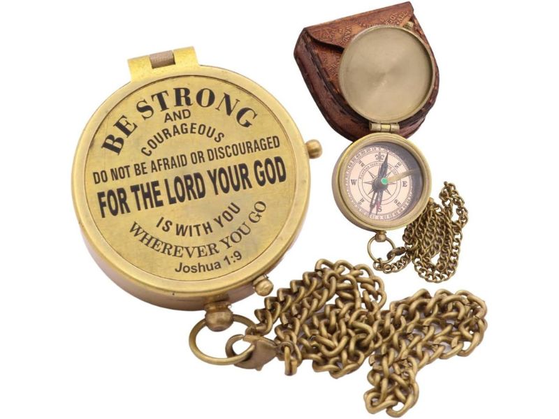 Be Strong and Courageous, Joshua 1:9 – Solid Brass Engraved Compass with Leather Case | Christian Gift for Baptism, First Communion, Confirmation, Graduation | Inspirational Religious Gift for Boys, Girls & Men