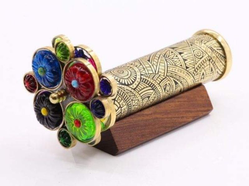Handcrafted Brass Kaleidoscope for Adults &amp; Kids with Floral Etched Tube, Dual Turning Wheels, Wooden Stand Decorative Gift