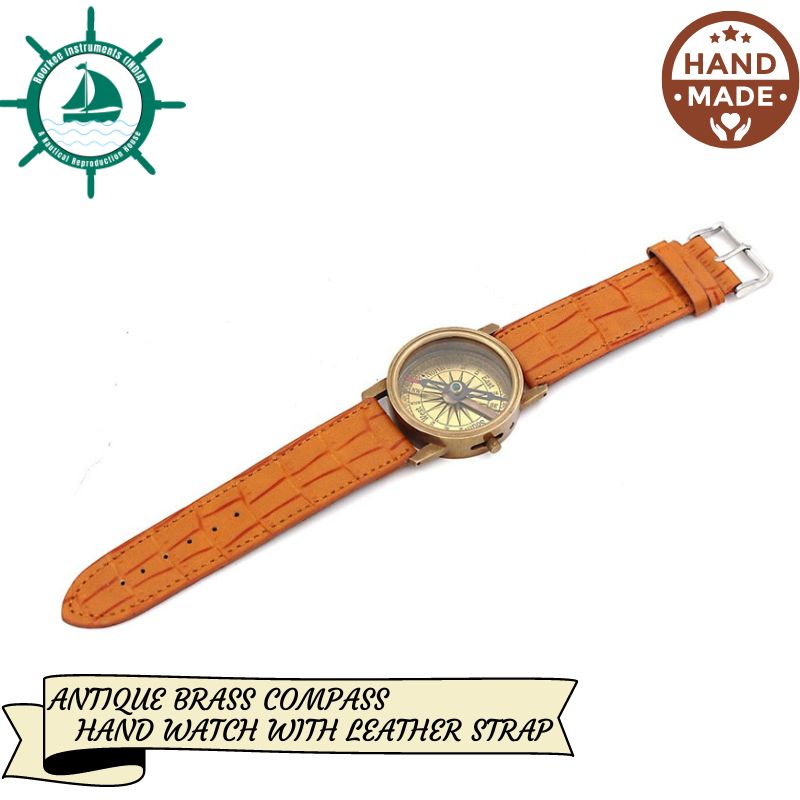 Nautical Quote Engraved Wrist Brass Compass With Leather Strap for Camping Trekking Hiking