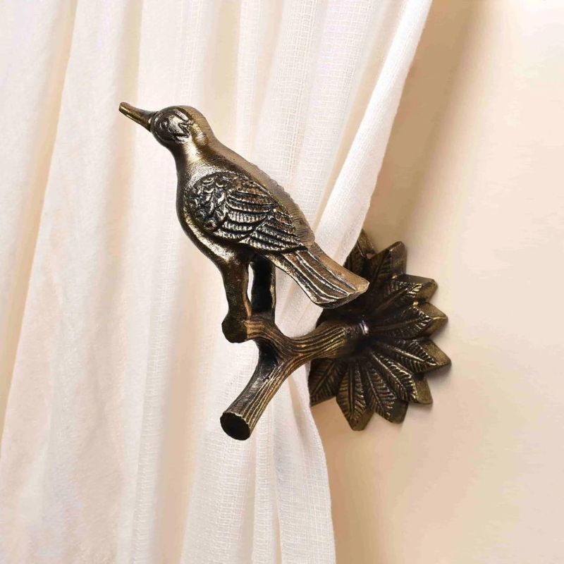 Set of 2 Aluminum Bird-Shape Curtain Tie Back Holder w Flower-Shape Backplate