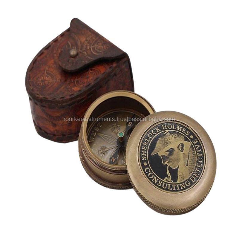 Vintage Directional Magnetic Compass for Navigation Brass Compass with Leather Case~ Sherlock Holmes