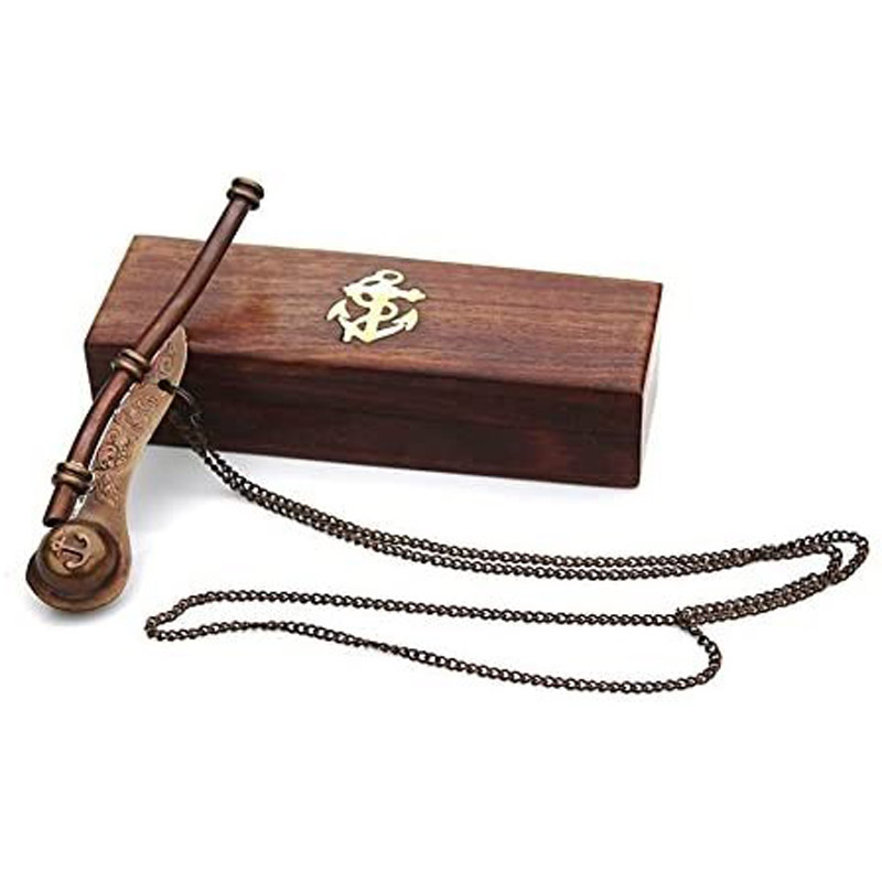 Bosun Whistle Antique Brass with Hardwood Anchor Inlaid Box