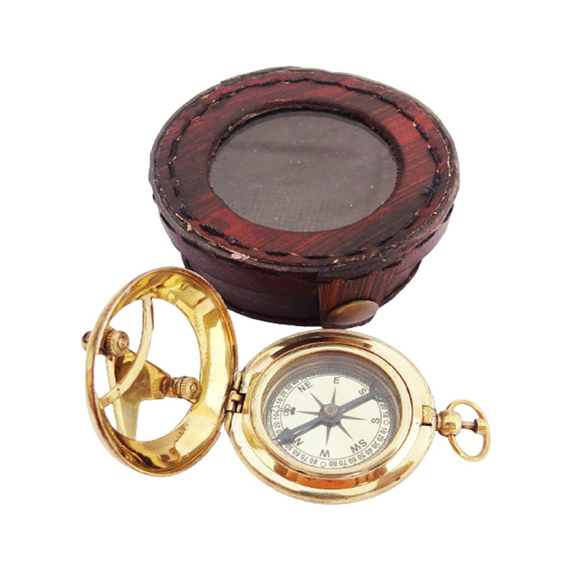 Antique Vintage Brass Solid Push Button Sundial Compass with Leather Box Working Fully Functional Compasses for Hiking Trekking Navigation Instrument