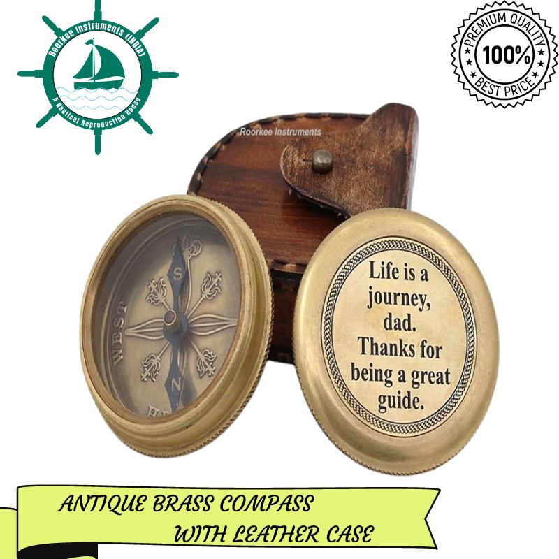 Antique Nautical Vintage Directional Magnetic Compass with Famous Scripture Quote Engraved Baptism Gifts with Leather Case or Wooden Case for Loved Ones, Son, Father, Love, Partner, Spouse, Fiancé.