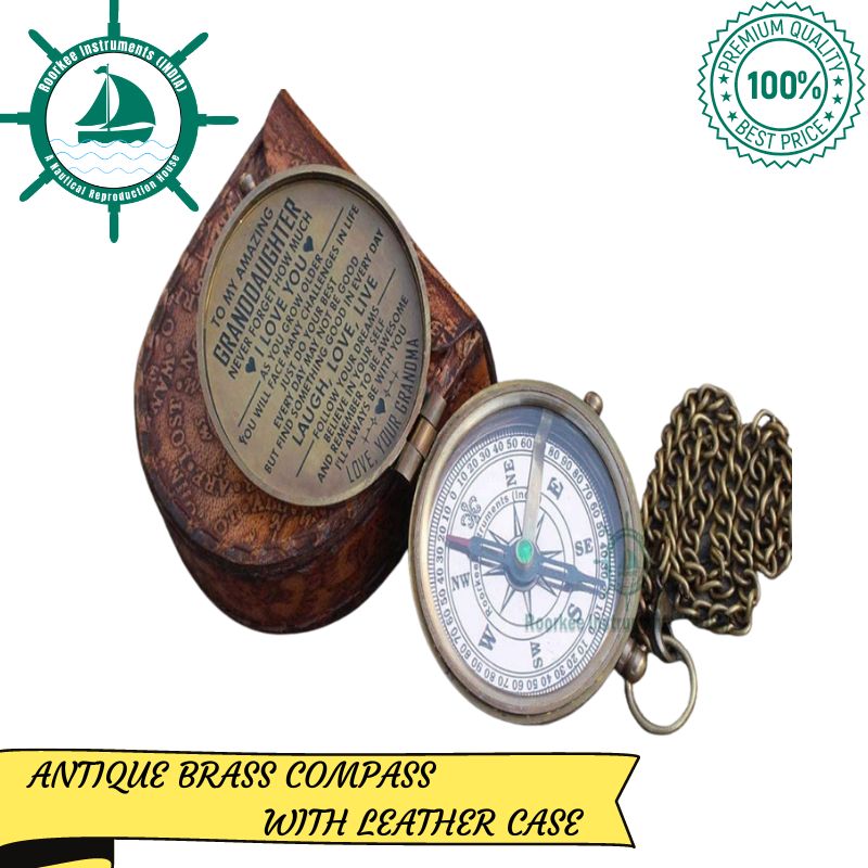 2 Inches Brass Poem Compass With Leather case Quoted Grandma to Grandson and Granddaughter