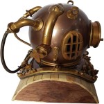 Antique Vintage Copper Replica US Navy Mark V Brass Diving Helmet Wood Base Nautical Gift, Home Office Decorative  Diving Diverse Mark V Helmet