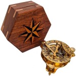 Brass Nautical Pocket Sundial Compass, 8cm Dia Front Opening Compass with Handmade Wooden Box