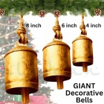 Decorative Cow Bells Set of 3 Large Harmony Bells - Vintage Giant Christmas Bells, Country Rustic Cowbell on Jute Rope XL Hanging Lucky Golden Bells (4"-6"-8")