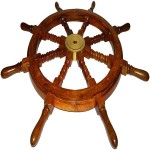 Wooden Ship Wheel Wall Decoration with Brass Center Hub, Turned Spokes and Handles, Maritime Nautical Boat Helm Décor, Brown Wood (36 Inch)