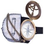 Brass Sundial Compass with Chain and Leather Case - Marine Nautical - Sun Clock - Steampunk Accessory