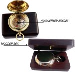 Handmade Push Button Direction Pocket Brass Compass with Wooden Box for Birthday Gift, Baptism Gift, Best Man Gift