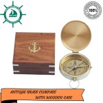 Nautical Solid Brass Gentlemen Compass with Wooden Box , 4 inches, Engravable Brass Compass