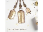 Set of 3 Gold Brass Cow Bells with Jute Hanging Rope – Rustic Wind Chime for Home, Garden, Meditation Room, Yoga Studio & Buddhist Altar – Decorative Hanging Bells (5.5\