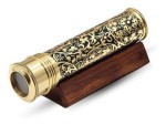 Etched Brass Handmade Kaleidoscope with Lampworked Glass Beads Dry Object Chamber & Wooden Stand Unique Collectible Gift