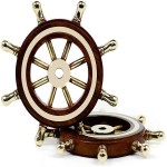 Hand Crafted Premium Nautical Wooden Ship Wheel Exclusive Pirate and Wall Decor Ocean and Beach Maritime Nursery Decorative Hanging (3 Inches, Brass Ring Handle) 