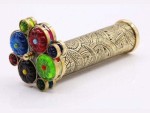 Handcrafted Brass Kaleidoscope for Adults &amp; Kids with Floral Etched Tube, Dual Turning Wheels, Wooden Stand Decorative Gift