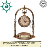 Nautical Clock Ship Table Clock Brass Desk Clock Maritime Brass Compass with Antique Victoria London Pocket Watch with Engraved Needle Table Clock