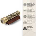 Handmade Kaleidoscope | Etched Brass with Three-Mirror System | Lampworking Glass Beads | Antique Brass Finish Wooden Display Stand | Vintage Nautical Decor for Adults & Collectors